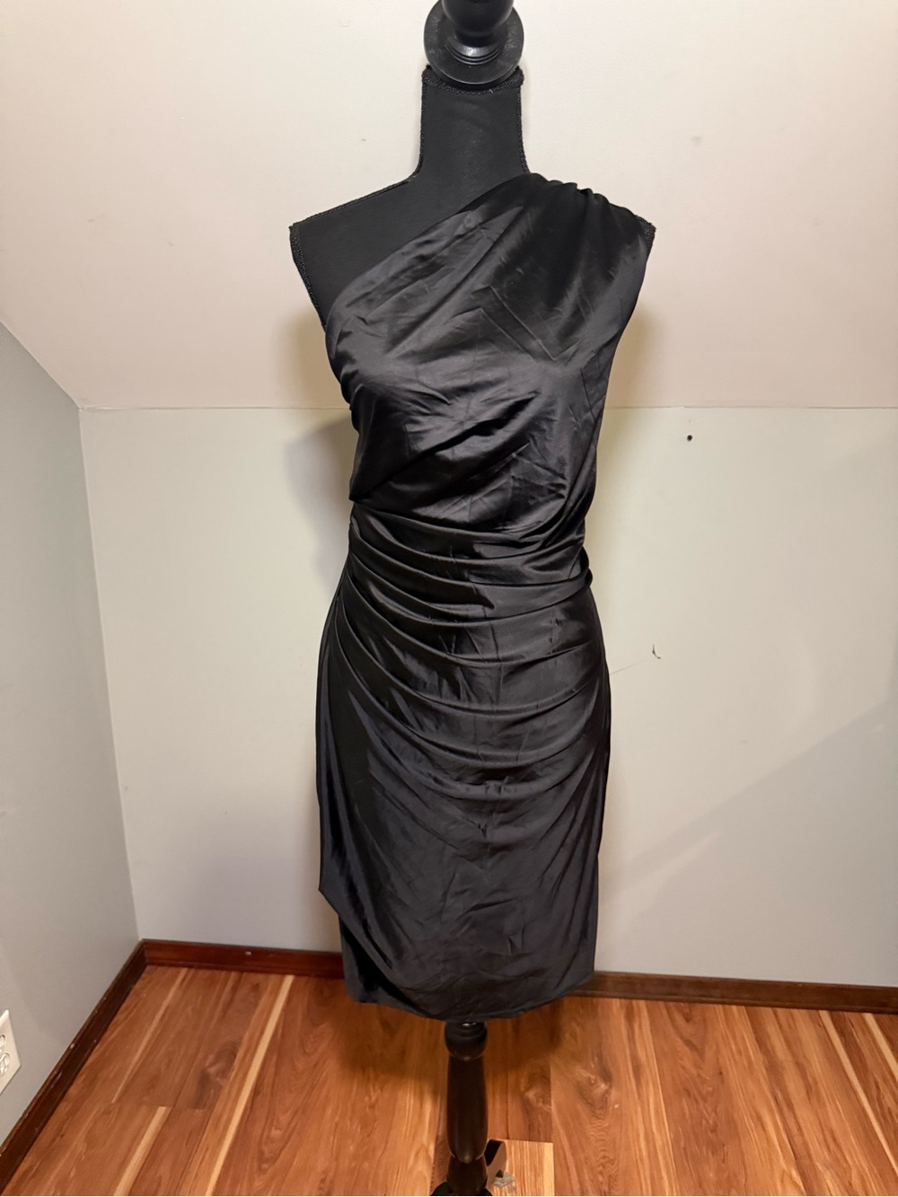 OYS One-Shoulder Black Satin Ruched homecoming/cocktail Dress
